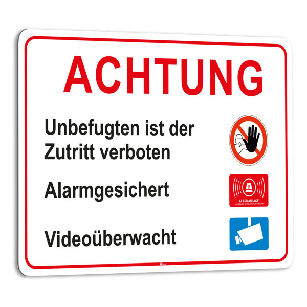 Hinweisschild "Zutritt für Unbefugte verboten", iSecur, Art. hin198, verschiedene Größen, alarmgesichert, Hinweis auf Videoüberwachung, Alarmanlage, Hinweisschild für Haus, Gebäude, Grundstück