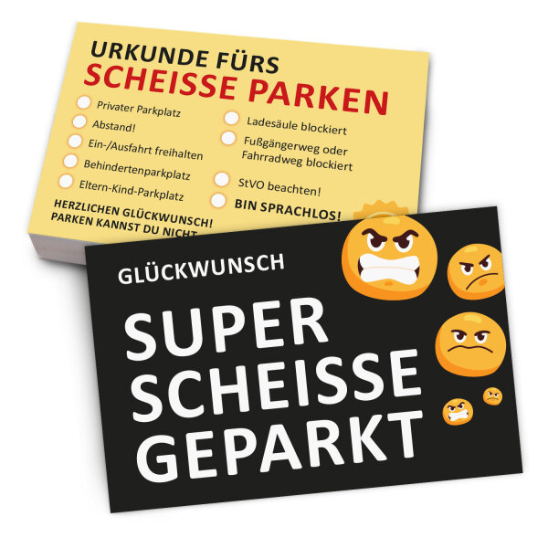iSecur Scheisse geparkt Karten - 100x für Falschparker zum Ankreuzen - Strafzettel Windschutzscheibe - Urkunde I hin844