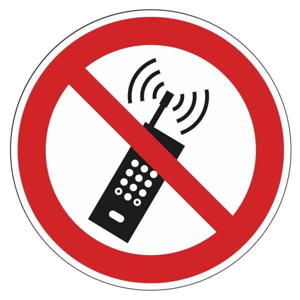 Verbots-Aufkleber Eingeschaltete Mobiltelefone verboten I rund Ø 9 cm I Handy Mobilfunk-Verbot Verbotszeichen I hin138