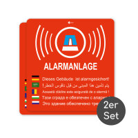 2 Aufkleber Alarmgesichert mehrsprachig, iSecur, Au&szlig;enklebend, 6x6,3cm, hin_168