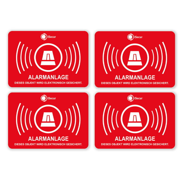 4er Aufkleber-Set Alarmanlage I hin121 I 7 x 5 cm I Achtung Gebäude, Objekt ist alarm-gesichert I für Fenster-Scheibe, Tür I innenklebend