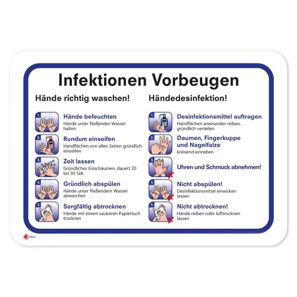 Anleitung zur Vorbeugung von Infektionen I 30 x 20 cm I Hinweis-Schild gründlich Hände waschen und desinfizieren I Handdesinfektion Hygienemaßnahmen Aushang Beschilderung