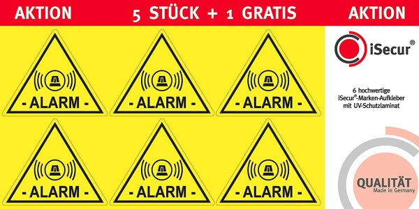 5 Stück Alarm Aufkleber gelb I 5 x 4cm Hinweis auf Sicherheitsanlage I außenklebend selbsthaftend I für Fensterscheiben Haus Auto LKW KFZ I hin_066