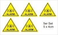 5 Stück Aufkleber "Alarm", iSecur, alarmgesichert, 5x4cm, Art. hin_459 innen, Achtung, Vorsicht, Hinweis auf Alarmanlage, innenklebend für Fensterscheiben, Haus, Auto, LKW, Baumaschinen