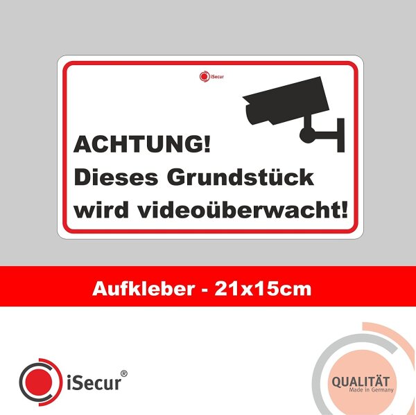 Hinweis-Aufkleber Achtung! Dieses Grundstück wird videoüberwacht! I 21 x 15 cm I Objektschutz Sicherheit Warnung Einbruchschutz I hin132