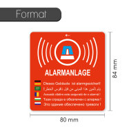 easydruck24de 2 Stück Aufkleber Alarmanlage I 5-sprachiger Warnhinweis Dieses Gebäude ist alarmgesichert I 80 x 84 mm I UV- und wetterfest I außenklebend I für Tür Fenster I hin155