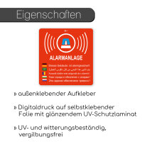 easydruck24de 2 Stück Aufkleber Alarmanlage I 5-sprachiger Warnhinweis Dieses Gebäude ist alarmgesichert I 80 x 84 mm I UV- und wetterfest I außenklebend I für Tür Fenster I hin155