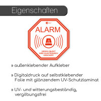 6 Aufkleber "Alarm", iSecur, alarmgesichert, 5x5cm, Art. hin_218, Hinweis auf Alarmanlage, außenklebend für Fensterscheiben, Haus, Auto, LKW, Baumaschinen