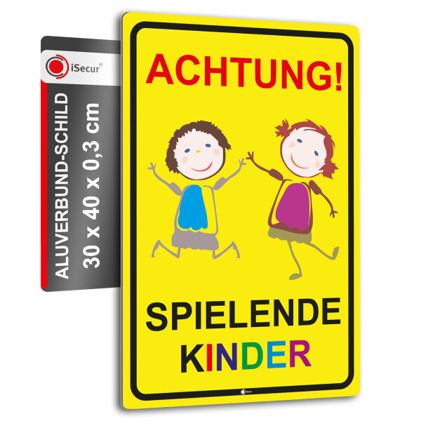 XL Warnschild I Achtung Spielende-Kinder I Aluverbund-Schild I 30 x 40 cm groß I 3 mm Stark I mit UV Schutz-Laminat I Wetterfestes Hinweisschild I hin407