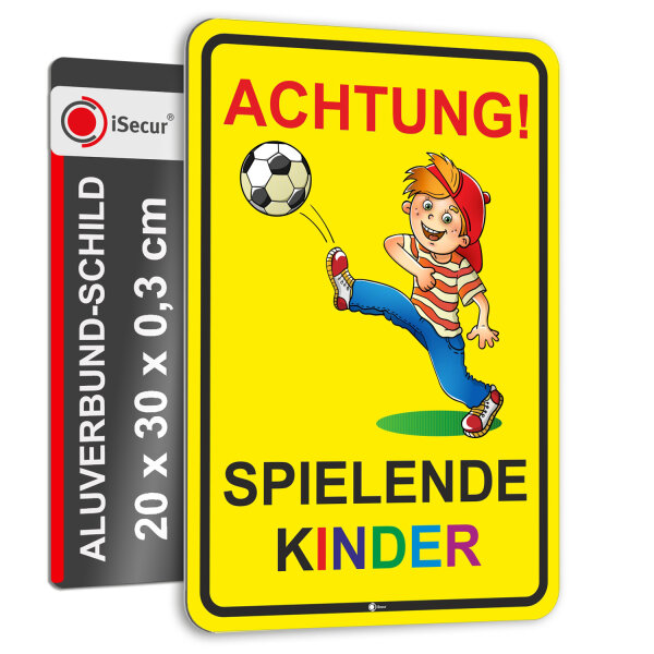 Warnschild I Achtung Spielende-Kinder I Aluverbund-Schild I 20 x 30 cm groß I 3 mm Stark I mit UV Schutz-Laminat I Wetterfestes Hinweisschild I hin222
