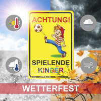 Warnschild I Achtung Spielende-Kinder I Aluverbund-Schild I 20 x 30 cm groß I 3 mm Stark I mit UV Schutz-Laminat I Wetterfestes Hinweisschild I hin222