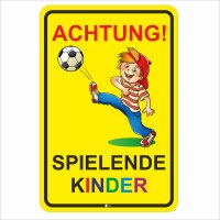 Warnschild I Achtung Spielende-Kinder I Aluverbund-Schild I 20 x 30 cm groß I 3 mm Stark I mit UV Schutz-Laminat I Wetterfestes Hinweisschild I hin222