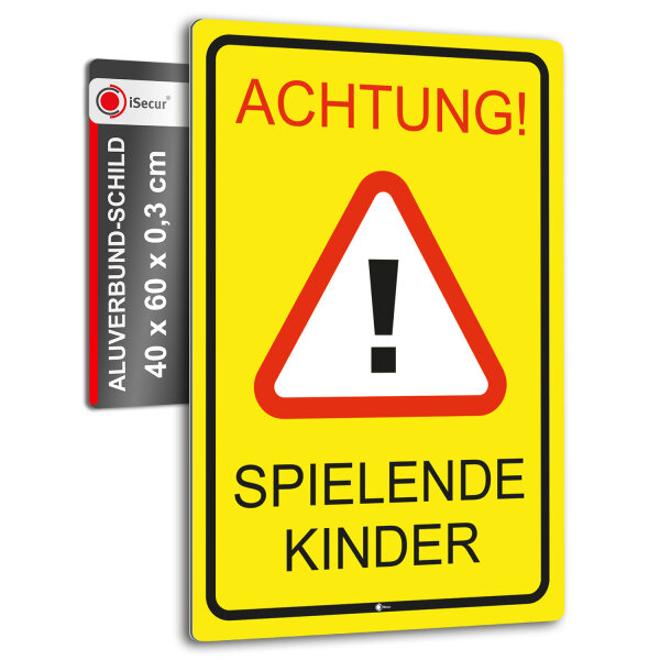 XXL Warnschild I Achtung Spielende-Kinder I Aluverbund-Schild I 40 x 60 cm groß I 3 mm Stark I mit UV Schutz-Laminat I Wetterfestes Hinweisschild I hin401