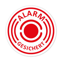 6 Stück Aufkleber "Alarm", iSecur®, alarmgesichert, 40mm Durchmesser, Art. hin_434 40mm_außen, Hinweis auf Alarmanlage, außenklebend für Fensterscheiben, Haus, Auto, LKW, Baumaschinen