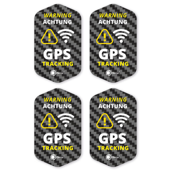 iSecur 4er GPS Tracking Aufkleber Set I 3 x 5 cm I Warning GPS-Gesichert I außenklebend wetterfest I Carbon Optik I hin833